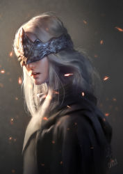 Rule 34 | 1girl, 2017, blindfold, blonde hair, cape, capelet, chen starry, covered eyes, dark souls (series), dark souls i, dark souls iii, dated, dress, embers, fire keeper, from side, highres, lips, long hair, mask, nose, open mouth, profile, realistic, signature, solo, upper body