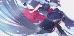 2girls absurdres arrow_(projectile) asymmetrical_clothes black_hair blue_eyes braid dress hair_ornament hat highres houraisan_kaguya long_hair looking_at_viewer looking_back multiple_girls nurse_cap open_mouth petals profile puffy_sleeves scan short_sleeves silver_hair single_braid smile touhou ueda_ryou very_long_hair yagokoro_eirin