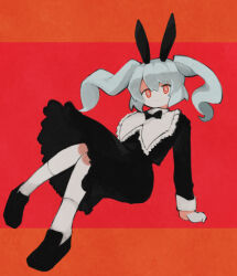 Rule 34 | 1girl, @ @, alternate eye color, alternate hair color, alternate hair length, alternate hairstyle, animal ears, black dress, black footwear, bow, dress, fake animal ears, frills, grey hair, hair between eyes, hatsune miku, loafers, long hair, long sleeves, looking at viewer, loveit (vocaloid), no nose, rabbit ears, red eyes, ribbon, same (sa 666), shoes, simple background, socks, solo, twintails, two-tone background, vocaloid, white socks