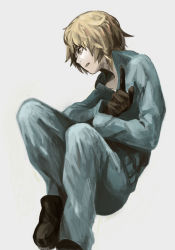 Rule 34 | 1boy, baccano!, black footwear, blonde hair, brown eyes, brown gloves, clenched teeth, collarbone, floating, gloves, graham specter, highres, male focus, mosomosomoso, painterly, parted lips, pointing, solo, teeth