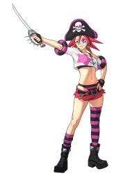 Rule 34 | 1girl, absurdres, ace attorney, anchor, arm up, belt, bikini, bikini under clothes, black gloves, black thighhighs, boots, capcom, collarbone, earrings, fingerless gloves, fingernails, full body, fuse takuro, gloves, grey eyes, hair between eyes, hand on own hip, hat, highres, holding, innertube, jewelry, jpeg artifacts, looking up, navel, necklace, official art, pendant, phoenix wright: ace attorney - dual destinies, pink hair, pink thighhighs, pirate hat, platform footwear, ribs, saber (weapon), sasha buckler, short hair, short shorts, short sleeves, shorts, simple background, skindentation, smile, solo, spiked hair, star (symbol), striped, swim ring, swimsuit, sword, tattoo, thighhighs, weapon, white background, zettai ryouiki