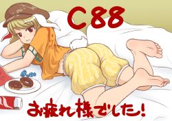 Rule 34 | 1girl, animal ears, ass, barefoot, brown hair, candy, doughnut, feet, flat cap, floppy ears, food, hat, iromeki overdrive, legs up, lying, on stomach, orange shirt, pillow, rabbit ears, rabbit tail, red eyes, ringo (touhou), shirt, short hair, shorts, simple background, soles, solo, tail, the pose, toes, touhou, wavy mouth