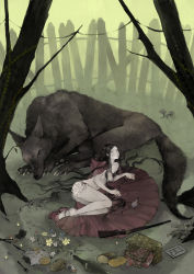 Rule 34 | 1girl, bad id, bad pixiv id, basket, bottle, bread, cookie, fence, flower, food, forest, fork, grass, gun, knife, little red riding hood, lying, mary janes, mushroom, nature, nekosuke (oxo), on floor, open clothes, original, picture frame, rifle, shoes, tree, weapon, wine bottle, wolf