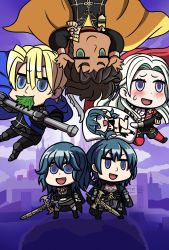 Rule 34 | 2girls, 3boys, :d, blue cape, blue eyes, box art, byleth (female) (fire emblem), byleth (fire emblem), byleth (male) (fire emblem), cape, chibi, claude von riegan, cover, dakimakura (object), dark-skinned male, dark skin, dimitri alexandre blaiddyd, dual persona, eating, edelgard von hresvelg, fire emblem, fire emblem: three houses, green eyes, highres, holding, holding sword, holding weapon, multiple boys, multiple girls, nintendo, open mouth, pillow, purple eyes, red cape, riyo (lyomsnpmp) (style), smile, sword, sword of the creator, upside-down, video game cover, weapon, will (willanator93), yellow cape