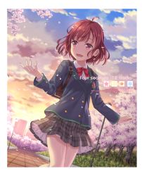 Rule 34 | 1girl, :d, bow, bowtie, breasts, brown eyes, brown hair, cherry blossoms, cloud, cloudy sky, dutch angle, kasukabe haru, lamppost, matching hair/eyes, open mouth, outdoors, petals, plaid, plaid skirt, pleated skirt, red bow, school uniform, short hair, skirt, sky, smile, solo, tokyo 7th sisters, twilight, uehara yukihiko
