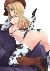 Rule 34 | 1girl, animal print, ass, bikini, blonde hair, blue shorts, blush, boots, breasts, chinese zodiac, closed mouth, couch, cow print, cowboy hat, elbow gloves, girls und panzer, gloves, green eyes, gun, handgun, hat, highres, kakimoto nao, kay (girls und panzer), large breasts, looking back, revolver, shiny skin, short shorts, shorts, simple background, solo, swimsuit, thighhighs, weapon, white background, year of the ox