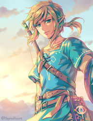 Rule 34 | 1boy, arm at side, arm guards, belt, belt buckle, blue sky, buckle, closed mouth, cloud, day, foreshortening, from below, hagino kouta, layered sleeves, link, looking at viewer, looking down, low ponytail, male focus, mountainous horizon, nintendo, outdoors, pointy ears, shoulder belt, sidelocks, sky, smile, solo, sunlight, swept bangs, the legend of zelda, the legend of zelda: breath of the wild, tunic, twitter username, upper body