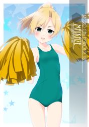 Rule 34 | 1girl, artist name, blonde hair, breasts, character name, cheering, cheerleader, commentary request, cowboy shot, flat chest, green one-piece swimsuit, grey eyes, highres, holding, holding pom poms, inaba shiki, kantai collection, long hair, looking at viewer, maikaze (kancolle), new school swimsuit, one-hour drawing challenge, one-piece swimsuit, parted bangs, pom pom (cheerleading), pom poms, ponytail, school swimsuit, small breasts, solo, swimsuit