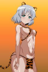 Rule 34 | 1girl, 2022, absurdres, animal ears, animal print, areola slip, arobiro, blush, breasts, chinese zodiac, collarbone, gradient background, green eyes, highres, loincloth, looking at viewer, navel, orange background, sanya v. litvyak, shiny skin, short hair, silver hair, simple background, slingshot swimsuit, small breasts, solo, standing, strike witches, swimsuit, tail, tiger ears, tiger print, tiger tail, world witches series, year of the tiger