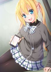 Rule 34 | 1girl, :d, arm support, backlighting, black pantyhose, black shirt, blend s, blonde hair, blue eyes, blush, breasts, cellphone, chikuwabuta, collared shirt, dress shirt, dutch angle, earbuds, earphones, grey sweater, hair between eyes, highres, hinata kaho, holding, holding phone, large breasts, lens flare, long hair, looking at viewer, lying, on floor, on side, open mouth, pantyhose, phone, plaid, plaid skirt, pleated skirt, school uniform, shirt, skirt, sleeves past wrists, smartphone, smile, solo, sweater, twintails, v-shaped eyebrows, very long hair, wing collar