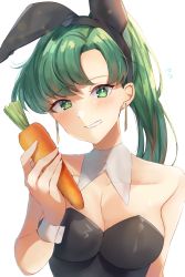Rule 34 | 1girl, alternate costume, animal ears, bare shoulders, black leotard, breasts, carrot, commentary request, detached collar, earrings, edamameoka, embarrassed, fake animal ears, fire emblem, fire emblem: the blazing blade, green eyes, green hair, highres, holding, holding carrot, jewelry, leotard, long hair, looking at viewer, lyn (fire emblem), medium breasts, nintendo, playboy bunny, ponytail, rabbit ears, smile, solo, strapless, strapless leotard, very long hair, wrist cuffs