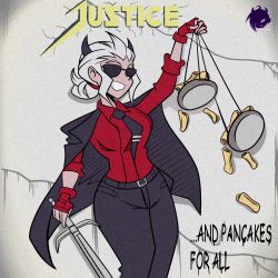 Rule 34 | ...and justice for all, 1girl, absurdres, album cover redraw, belt, black horns, blind, crossover, demon girl, demon horns, derivative work, english text, fingerless gloves, food, frank araya, gloves, helltaker, highres, holding, holding weapon, horns, jacket, jacket on shoulders, justice (helltaker), metallica, pancake, parody, red gloves, red shirt, shirt, sunglasses, sword, tie clip, tinted eyewear, weapon