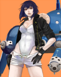 Rule 34 | 1girl, breasts, bussan, ghost in the shell, ghost in the shell stand alone complex, gloves, hands on own hips, jacket, kusanagi motoko, leotard, mecha, purple hair, red eyes, robot, short hair, short shorts, shorts, tachikoma