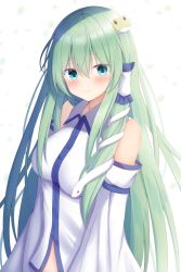 Rule 34 | 1girl, aqua eyes, bare shoulders, blush, breasts, closed mouth, collared shirt, commentary request, detached sleeves, firepo, frog hair ornament, green hair, hair between eyes, hair ornament, hair tubes, highres, japanese clothes, kochiya sanae, long hair, long sleeves, looking at viewer, medium breasts, shirt, sidelocks, smile, snake hair ornament, solo, stomach, touhou, upper body, white background, wide sleeves