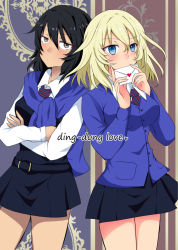 Rule 34 | 10s, 2girls, andou (girls und panzer), back-to-back, bc freedom school uniform, black hair, black skirt, black vest, blonde hair, blue eyes, blue neckwear, blue sweater, blush, brown eyes, cardigan, chikomayo, closed mouth, comic, commentary request, cover, cover page, cowboy shot, crossed arms, dark-skinned female, dark skin, diagonal stripes, dress shirt, english text, girls und panzer, heart, holding, holding letter, letter, long sleeves, looking at viewer, love letter, medium hair, messy hair, miniskirt, multiple girls, necktie, oshida (girls und panzer), pleated skirt, red neckwear, school uniform, shirt, skirt, standing, striped neckwear, sweater, sweater around neck, vest, white shirt, wing collar, yuri