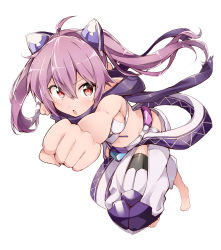 Rule 34 | 1girl, ahoge, animal ears, barefoot, bibi02, breasts, clenched hands, commentary request, fake animal ears, foreshortening, hair between eyes, highres, long hair, looking at viewer, medium breasts, midriff, open mouth, phantasy star, phantasy star online 2, pointy ears, purple hair, purple scarf, red eyes, scarf, simple background, solo, twintails, white background