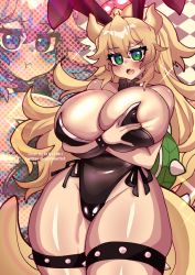 Rule 34 | 1girl, :o, :t, animal ears, annoyed, black leotard, black neckwear, blonde hair, blush, bow, bowsette, bowtie, breasts, commentary, covered erect nipples, crown, curvy, dragon horns, dragon tail, embarrassed, english commentary, fake animal ears, fang, green eyes, horns, huge breasts, leotard, mario (series), multiple views, new super mario bros. u deluxe, nintendo, osiimi, playboy bunny, rabbit ears, skin fang, spiked shell, spiked thighlet, super crown, tail, thick thighs, thighlet, thighs, turtle shell, zoom layer