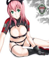 Rule 34 | 00s, 1girl, amanda werner, arm support, bad id, bad pixiv id, blassreiter, boots, breasts, cleavage, cleavage cutout, clothing cutout, curvy, gloves, green eyes, hairband, horns, large breasts, leaning, lipstick, makeup, midriff, navel, no bra, open mouth, pink hair, sitting, solo, tenka sanbun, thigh strap, turtleneck