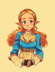 Rule 34 | 1girl, ask1, black gloves, blue eyes, blue shirt, blush, braid, breasts, closed mouth, crop top, fingerless gloves, fingernails, forehead, french braid, gloves, hair ornament, hairclip, highres, long hair, long sleeves, looking at viewer, nintendo, orange hair, own hands together, pointy ears, princess, princess zelda, shirt, simple background, sketch, small breasts, smile, solo, tareme, the legend of zelda, the legend of zelda: breath of the wild, thick eyebrows, triforce, turtleneck, undershirt, upper body, white shirt, yellow background
