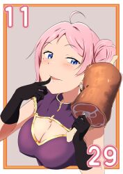 Rule 34 | absurdres, ahoge, black gloves, blue eyes, boned meat, breasts, china dress, chinese clothes, dress, food, gloves, highres, large breasts, love live!, love live! nijigasaki high school idol club, meat, mole, mole under eye, pink hair, tongue, tongue out, zasshoku ojisan, zhong lanzhu