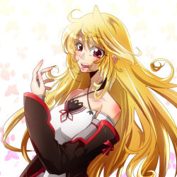Rule 34 | 1girl, bare shoulders, blonde hair, breasts, detached sleeves, gradient background, long hair, milla (fractured), open mouth, pink eyes, ribbon, solo, tales of (series), tales of xillia, tales of xillia 2