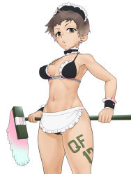 Rule 34 | 1girl, abs, alternate costume, apron, bikini, black choker, black hairband, bow choker, broom, brown eyes, brown hair, choker, commentary, cowboy shot, earrings, enmaided, freckles, frilled apron, frilled choker, frilled cuffs, frilled hairband, frills, girls und panzer, hairband, holding, holding behind back, holding broom, jewelry, looking at viewer, maid, maid bikini, naomi (girls und panzer), navel, puckered lips, short hair, simple background, solo, standing, swimsuit, tattoo, unconventional maid, very short hair, waist apron, wata do chinkuru, white background, wrist cuffs