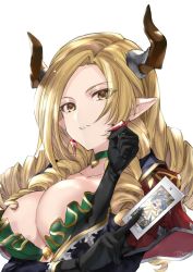 Rule 34 | 1girl, black gloves, blonde hair, breasts, card, cleavage, draph, earrings, gloves, granblue fantasy, holding, holding card, horns, jewelry, justice (tarot), large breasts, maka (morphine), maria theresa (granblue fantasy), solo, tarot, white background, yellow eyes