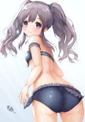 Rule 34 | 1girl, ass, bare arms, bare shoulders, bikini, black bikini, blue background, blush, bow, breasts, closed mouth, commentary request, frilled bikini, frills, gradient background, grey hair, hair between eyes, hair bow, highres, idolmaster, idolmaster shiny colors, kuroba aki, long hair, purple eyes, sidelocks, small breasts, smile, solo, swimsuit, twintails, wet, white background, yukoku kiriko
