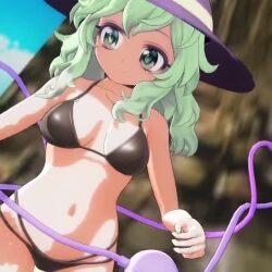 Rule 34 | 1girl, 3d, animated, beach, bikini, bikini pull, black bikini, breasts, cleavage, clothes pull, green hair, large breasts, leaning forward, legs, looking at viewer, mofumoko5, navel, nipples, open mouth, presenting, pulley, short hair, smile, solo, swimsuit, thighs, touhou, untied bikini, video