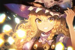 Rule 34 | 1girl, black hat, black vest, blonde hair, bow, braid, commentary, grin, hair between eyes, hair bow, hat, highres, kirisame marisa, looking at viewer, portrait, shirt, single braid, smile, solo, teeth, touhou, uroam, vest, white bow, white shirt, witch hat, yellow eyes