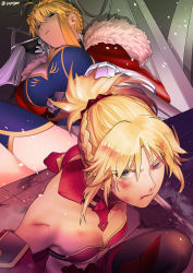 Rule 34 | 2girls, ahoge, artoria pendragon (fate), artoria pendragon (lancer) (fate), bandeau, bare shoulders, blonde hair, blood, blood on face, blue legwear, braid, breasts, bruise, bruise on face, cape, cleavage, commentary request, crossed legs, crown, crown braid, fate/grand order, fate (series), french braid, fur-trimmed cape, fur trim, gauntlets, green eyes, hair between eyes, hair ornament, hair scrunchie, hand on own cheek, hand on own face, highres, injury, large breasts, mordred (fate), mordred (fate/apocrypha), multiple girls, ono tako, ponytail, red cape, red scrunchie, scrunchie, sidelocks, sitting, thighs, throne, tile floor, tiles