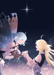 Rule 34 | 2girls, absurdres, artoria caster (fate), artoria caster (first ascension) (fate), artoria pendragon (fate), blonde hair, blue hair, butterfly wings, closed eyes, fairy, fate/grand order, fate (series), gloves, grey gloves, highres, holding hands, hope (fate), insect wings, interlocked fingers, long hair, looking at another, multiple girls, ninjin (ne f g o), open mouth, pointy ears, short hair, smile, twintails, wings