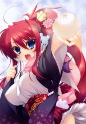 Rule 34 | 1girl, :d, absurdres, ahoge, appare! tenka gomen, baozi, blue eyes, bouncing breasts, breasts, fang, food, giving, highres, japanese clothes, katagiri hinata, kimono, large breasts, long hair, looking at viewer, open mouth, pleated skirt, ponytail, red hair, religious offering, sash, scan, skirt, smile, tokugawa yoshine, underbust, upper body