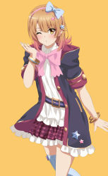 Rule 34 | 1girl, arm up, bangle, black jacket, blowing kiss, blue bow, blush, bow, bowtie, bracelet, brown hair, chieru (princess connect!), chieru (princess connect!) (cosplay), closed mouth, cosplay, cowboy shot, dars (recolors), hair bow, hair ornament, hairband, highres, hood, hood down, hooded coat, hooded jacket, isshiki iroha, jacket, jewelry, leaning forward, looking at viewer, one eye closed, pink bow, pink bowtie, pink hairband, plaid, plaid skirt, pleated skirt, princess connect!, puckered lips, purple skirt, shirt, short sleeves, skirt, solo, star (symbol), star hair ornament, voice actor connection, white shirt, yahari ore no seishun lovecome wa machigatteiru., yellow background, yellow eyes