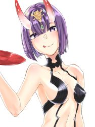 Rule 34 | 1girl, artist request, bare shoulders, bob cut, breasts, closed mouth, collarbone, cup, eyeliner, fate/grand order, fate (series), headpiece, horns, licking lips, looking at viewer, makeup, medium breasts, oni, purple eyes, purple hair, revealing clothes, sakazuki, short hair, shuten douji (fate), simple background, skin-covered horns, smile, solo, tongue, tongue out, white background