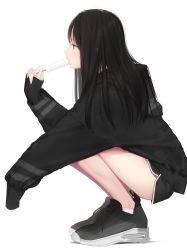 Rule 34 | 1girl, ama mitsuki, black footwear, black hair, black jacket, food, from side, full body, highres, jacket, long hair, long sleeves, looking away, original, popsicle, profile, shoes, short shorts, shorts, simple background, solo, squatting, white background