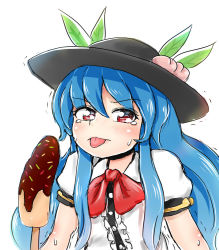 Rule 34 | 1girl, banana, blue hair, blush, chocolate banana, commentary, embarrassed, food, food on head, fruit, fruit on head, hat, hinanawi tenshi, king (ougon kingyo-bachi), long hair, looking at viewer, object on head, peach, red eyes, sexually suggestive, solo, sprinkles, sweat, tears, tongue, tongue out, touhou, trembling, very long hair