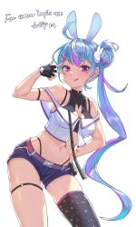 Rule 34 | animal ears, arpeggio kaga, black gloves, blue hair, breasts, rabbit hair ornament, cleavage, cleavage cutout, clothing cutout, collarbone, commission, crop top, emu lapis (vtuber), fingerless gloves, gloves, hair behind ear, hair bun, hair ornament, highres, indie virtual youtuber, leaning to the side, licking lips, long hair, medium breasts, multicolored hair, navel, off shoulder, purple hair, rabbit ears, rabbit girl, second-party source, silver hair, single hair bun, single thighhigh, skeb commission, skindentation, solo, streaked hair, thigh strap, thighhighs, tongue, tongue out, v, virtual youtuber, white background