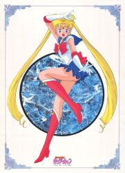 Rule 34 | 1990s (style), 1girl, bishoujo senshi sailor moon, bishoujo senshi sailor moon (first season), blonde hair, blue eyes, blue sailor collar, boots, bow, brooch, choker, crescent, crescent choker, crescent earrings, double bun, earrings, elbow gloves, gloves, hair bun, highres, jewelry, knee boots, logo, long hair, looking at viewer, magical girl, miniskirt, non-web source, open mouth, pink footwear, pleated skirt, retro artstyle, sailor collar, sailor moon, sailor senshi uniform, skirt, solo, tiara, tsukino usagi, twintails, very long hair, white gloves