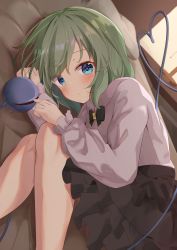 Rule 34 | 1girl, alternate costume, bed sheet, black bow, black bowtie, black skirt, blue eyes, bow, bowtie, closed mouth, feet out of frame, frilled skirt, frilled sleeves, frills, green hair, heart, heart of string, highres, indoors, kirikaze ren, komeiji koishi, long sleeves, looking at viewer, lying, medium hair, no headwear, no headwear, on bed, on side, pillow, shirt, skirt, solo, third eye, touhou, white shirt
