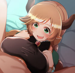 Rule 34 | 10s, 1boy, 1girl, blush, braid, breasts, brown hair, carmelina (granblue fantasy), clothed female nude male, draph, covered erect nipples, fang, granblue fantasy, green eyes, heart, heart-shaped pupils, hetero, horns, izumi arima, large breasts, long hair, nude, open mouth, paizuri, paizuri under clothes, pointy ears, smile, symbol-shaped pupils, twin braids