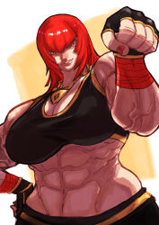Rule 34 | 1girl, abs, absurdres, backlighting, black gloves, black skirt, breasts, capcom, cleavage, clenched hand, collarbone, commentary, fingerless gloves, fukamichi ran&#039;ou, gloves, gold, gold trim, grin, hair between eyes, hand on own hip, hand wraps, head tilt, highres, jewelry, large breasts, looking at viewer, marisa (street fighter), muscular, muscular female, necklace, raised fist, red hair, red nails, serious, short hair, simple background, skirt, smile, solo, street fighter, street fighter 6, upper body, v-shaped eyebrows, veins, veiny arms, yellow eyes