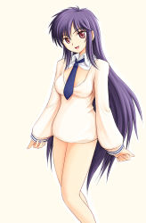 Rule 34 | 1girl, :d, bare legs, blue hair, bra, brown eyes, detached sleeves, head tilt, lingerie, long hair, looking at viewer, necktie, open mouth, ryp, simple background, smile, solo, standing, tsuyokiss, underwear, very long hair, white bra, yashi nagomi, yellow background