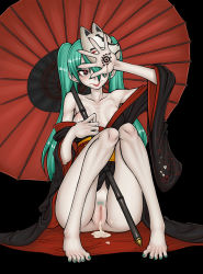 Rule 34 | 1girl, :p, aftersex, aqua eyes, aqua hair, barefoot, black eyes, blood, breasts, cleft of venus, cum, cum in pussy, hair over one eye, hatsune miku, highres, japanese clothes, jon henry nam, kimono, long hair, mask, musunde hiraite rasetsu to mukuro (vocaloid), nipples, oil-paper umbrella, pussy, red eyes, red pupils, small breasts, solo, tongue, tongue out, twintails, umbrella, uncensored, very long hair, vocaloid, yukata