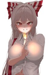 Rule 34 | 1girl, absurdres, bow, breasts, collared shirt, commentary request, fire, fujiwara no mokou, hair bow, hair intakes, highres, index finger raised, large breasts, long hair, looking at viewer, navel, pyrokinesis, red eyes, shirt, simple background, smile, suspenders, touhou, upper body, white background, white shirt, yuru octopus