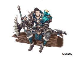 Rule 34 | 1boy, animal, animal on shoulder, armor, axe, bad id, bad twitter id, beard, bird, bird on shoulder, black hair, blue eyes, chain, company name, ezu (leejiyu), facial hair, full body, gau (king&#039;s raid), grin, highres, king&#039;s raid, log, looking to the side, male focus, official art, simple background, sitting, smile, solo, transparent background, weapon