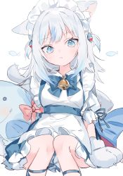 Rule 34 | 1girl, :&lt;, absurdres, animal ear fluff, animal ears, animal hands, apron, bell, blue bow, blue dress, blue eyes, blue hair, blush, bow, cat ears, cat girl, cat tail, collared dress, dress, feet out of frame, frilled apron, frills, gawr gura, gloves, grey hair, hair ornament, highres, hololive, hololive english, jingle bell, long hair, looking at viewer, maid headdress, mokyuko, multicolored hair, neck bell, paw gloves, pink bow, puffy short sleeves, puffy sleeves, short sleeves, simple background, sitting, solo, streaked hair, tail, two side up, virtual youtuber, white apron, white background, white footwear