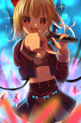 Rule 34 | 1girl, alternate costume, blonde hair, blue background, contemporary, cowboy shot, crystal, fang, flandre scarlet, hair between eyes, head tilt, holding, holding microphone, looking at viewer, microphone, midriff, multicolored wings, navel, no headwear, open mouth, pointing, pointing at viewer, red eyes, red skirt, skin fang, skirt, solo, touhou, v-shaped eyebrows, wings, yuineko
