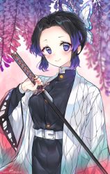Rule 34 | 1girl, bad id, bad pixiv id, belt, black hair, blush, breasts, bug, butterfly, butterfly hair ornament, commentary request, hair ornament, highres, holding, holding sword, holding weapon, insect, japanese clothes, katana, kimetsu no yaiba, kochou shinobu, large breasts, long sleeves, looking at viewer, multicolored hair, outdoors, parted bangs, purple eyes, purple hair, short hair, smile, solo, sword, two-tone hair, uniform, urim (paintur), weapon, wide sleeves