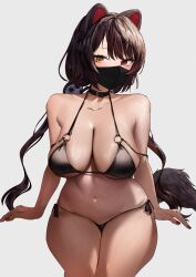 Rule 34 | 1girl, animal ears, ban (inui toko), bikini, black bikini, black collar, black mask, breasts, brown hair, collar, covered mouth, dog ears, dog girl, dog hair ornament, dog tail, hair ornament, heterochromia, highres, inui toko, invisible chair, ken (inui toko), large breasts, long hair, looking at viewer, low twintails, mask, mouth mask, navel, nijisanji, o-ring, o-ring bikini, red eyes, side-tie bikini bottom, simple background, sitting, skindentation, solo, stomach, string bikini, swept bangs, swimsuit, tail, thighs, twintails, urokong, very long hair, virtual youtuber, white background, yellow eyes